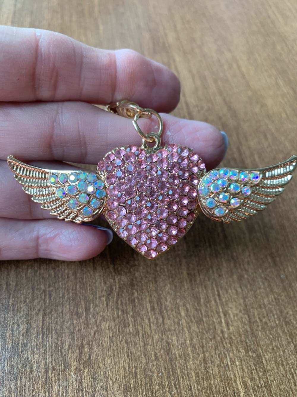 Pink Crystal Heart Wing Keychain Charm - Gold-Tone